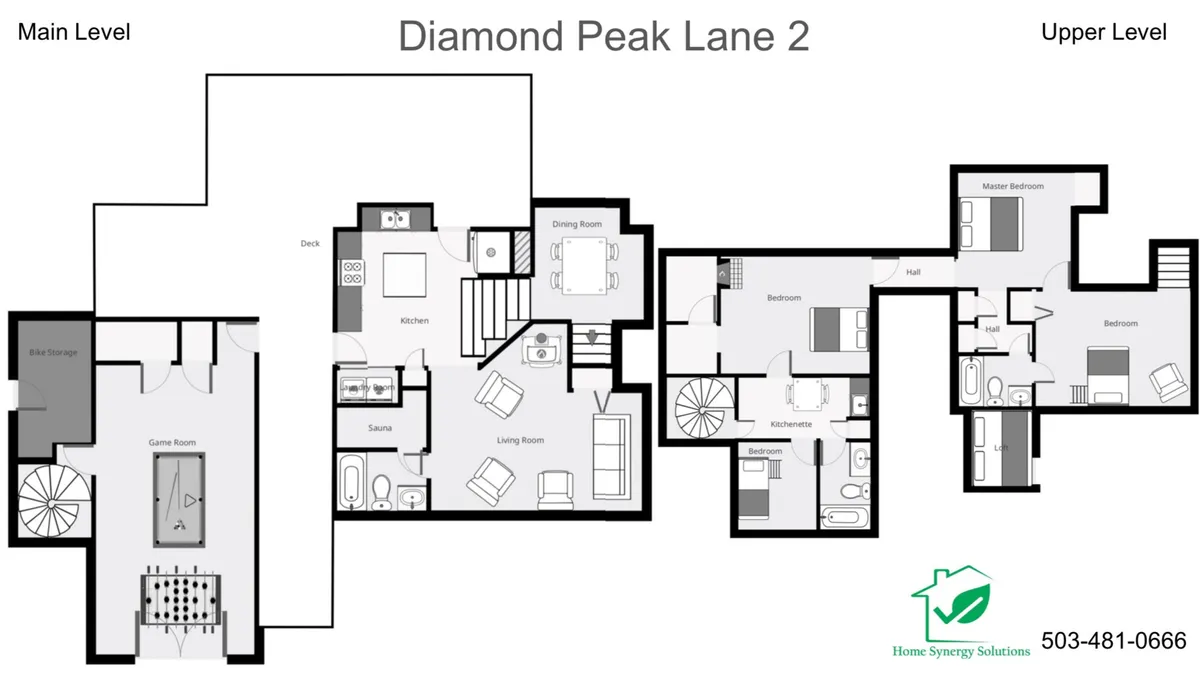 A wide-angle view from inside the house that features the kitchen, living room, master bedroom, game room, and access to the deck. The space is bright and welcoming, clearly set up for gatherings, activities, and comfortable group living.